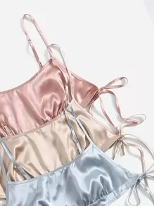 3pcs Tie Side Satin Cami PJ Set / Pajama Set - Multicolor - View 4