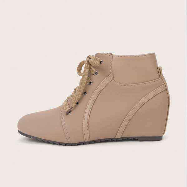 

Lace-up Hidden Heeled Wedge Boots, Apricot