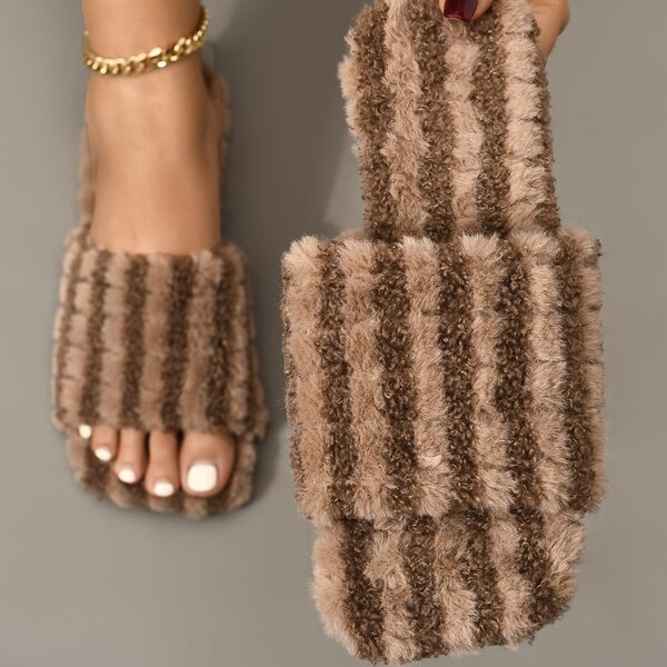 

Striped Pattern Fluffy Slide Sandals, Brown
