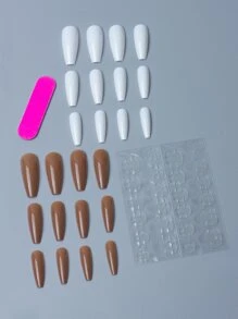 24 miếng móng tay giả đồng màu và 1 miếng băng keo và 1 miếng dũa móng - Nhiều màu - Xem 2