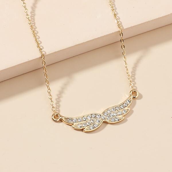 

Rhinestone Decor Wing Charm Necklace, Gold