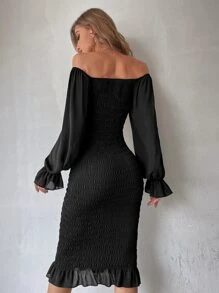 Modelyn Đầm Viên lá sen Dải chun màu trơn Thanh lịch - màu đen - Xem 2