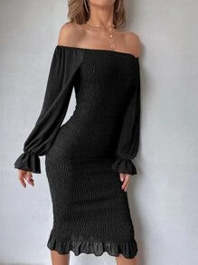 Modelyn Đầm Viên lá sen Dải chun màu trơn Thanh lịch - màu đen - Xem 3