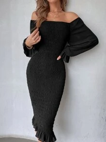 Modelyn Đầm Viên lá sen Dải chun màu trơn Thanh lịch - màu đen - Xem 5