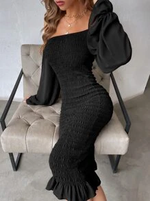 Modelyn Đầm Viên lá sen Dải chun màu trơn Thanh lịch - màu đen - Xem 7