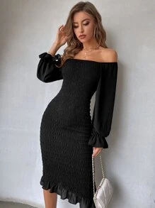 Modelyn Đầm Viên lá sen Dải chun màu trơn Thanh lịch - màu đen - Xem 8