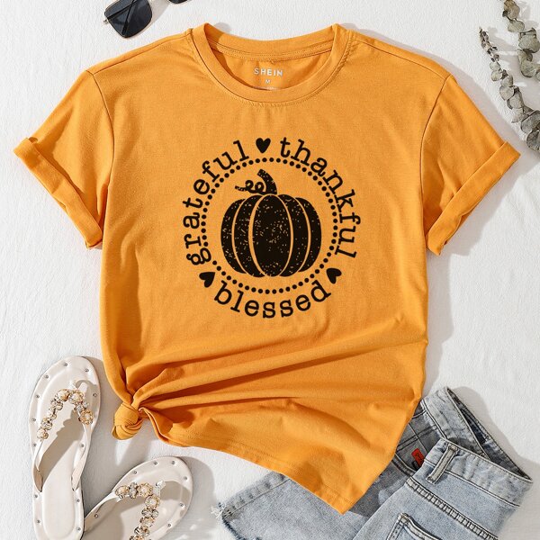 

Thanksgiving Day Letter & Pumpkin Print Tee, Mustard yellow