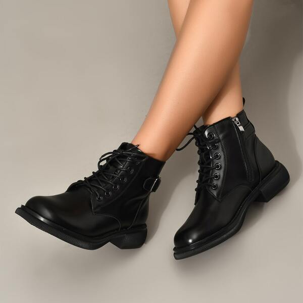

Buckle Decor Lace-up Combat Boots, Black