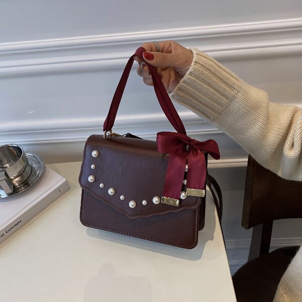 

Faux Pearl & Bow Decor Flap Square Bag, Brown