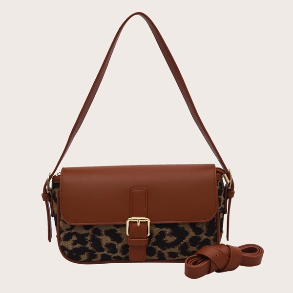 

Leopard Graphic Buckle Decor Shoulder Bag, Multicolor