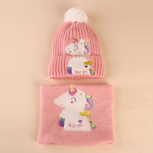 

Toddler Kids Cartoon Graphic Hat & Ring Scarf, Pink