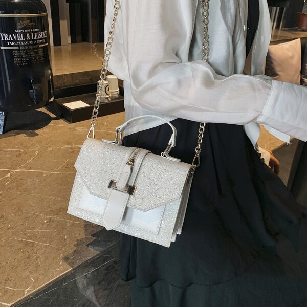 

Glitter Flap Square Bag, White