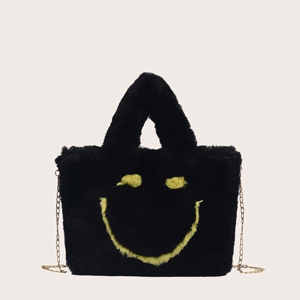 

Smile Graphic Fluffy Top Tote Bag, Black