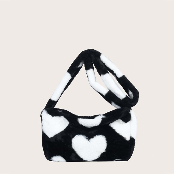 

Girls Heart Pattern Colorblock Fluffy Crossbody Bag, Black and white