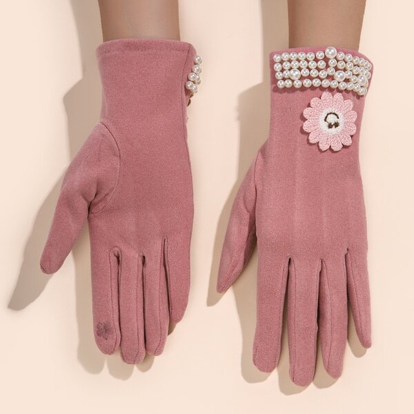

Faux Pearl & Flower Decor Gloves, Pink