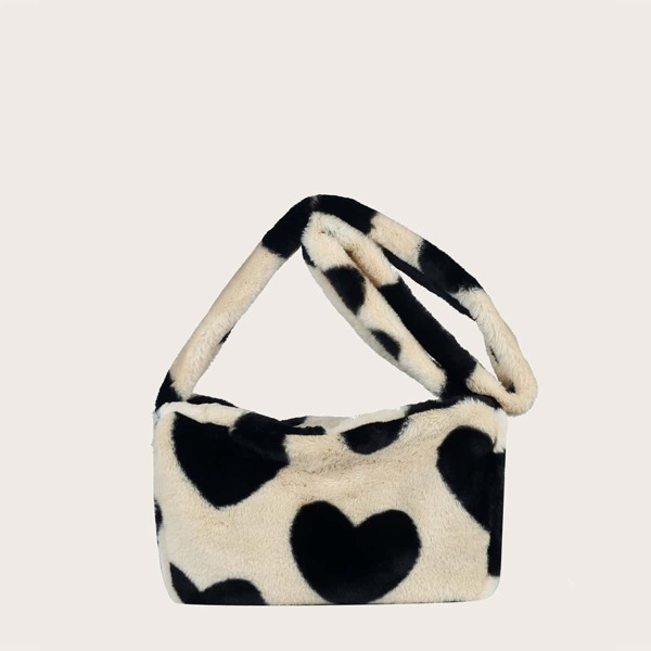 

Girls Fuzzy Heart Graphic Square Bag, Beige