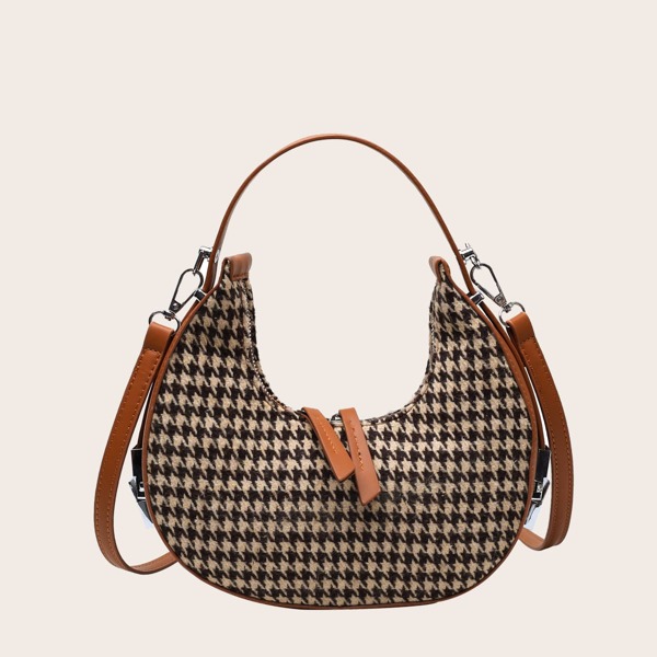 

Houndstooth Graphic Baguette Bag, Brown