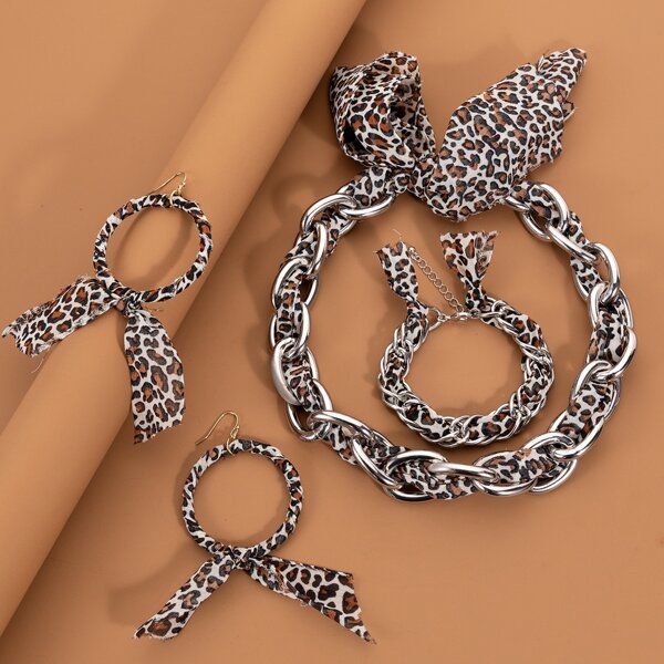 

Leopard Print Bracelet & Earrings & Necklace, Multicolor