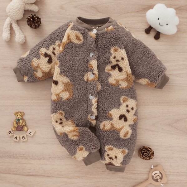 

Baby Cartoon Graphic Teddy Jumpsuit, Coffee brown