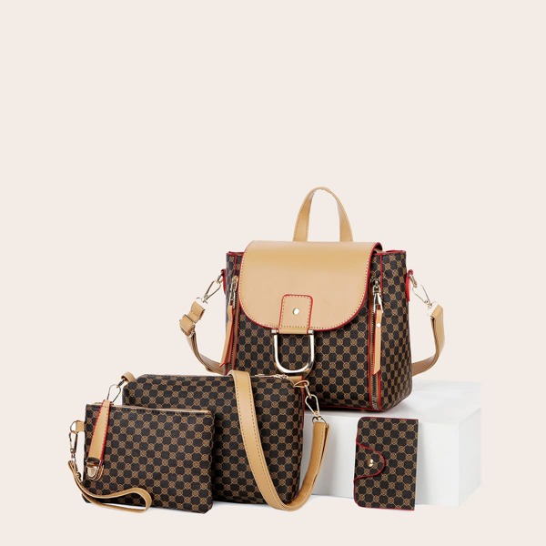 

4pcs Graphic Print Bag Set, Khaki