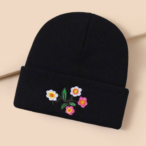 

Flower Pattern Knit Hat, Black
