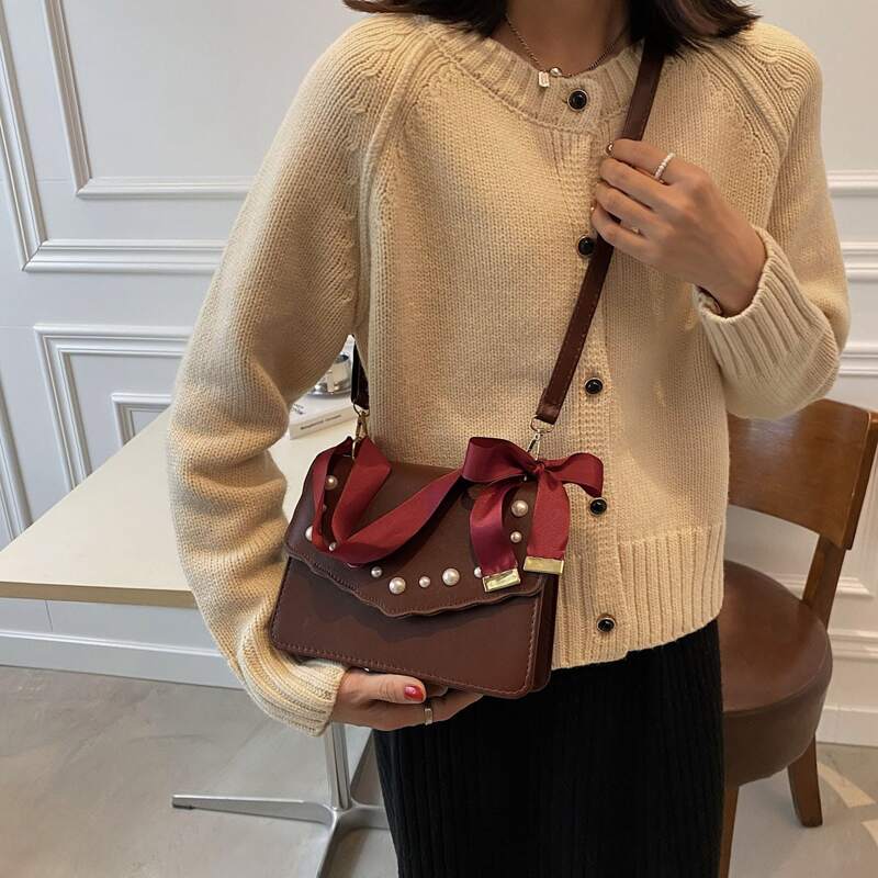 

Faux Pearl Decor Satchel Bag, Coffee brown