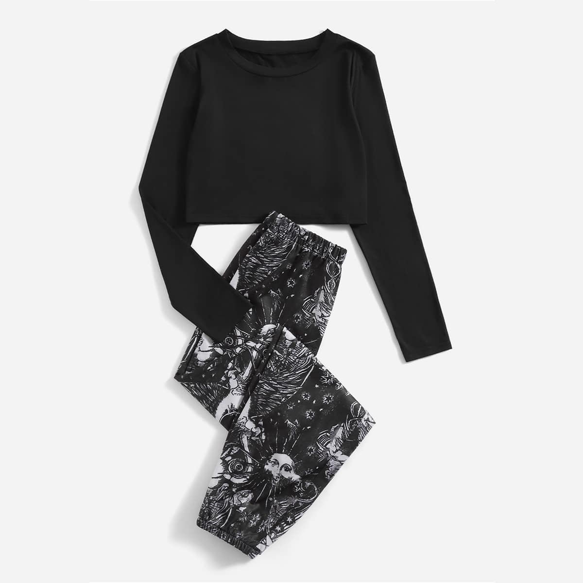 

Solid Crop Tee & Sun Graphic Pants, Black and white