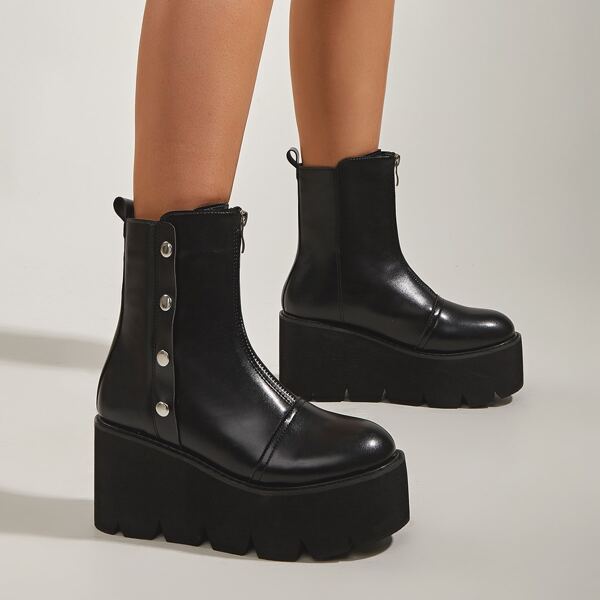 

Studded Decor Front Zipper Flatform Chunky Boots, Black