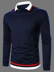 Manfinity Homme Men Striped Trim Polo Shirt - Navy Blue - View 1