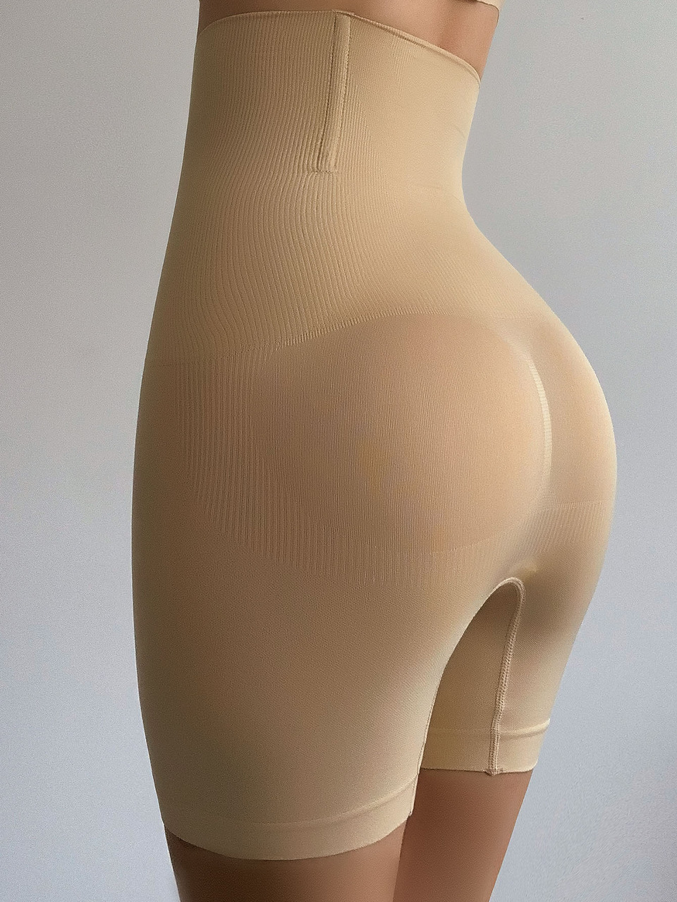 Women High Waisted Rib Knit Shapewear Shorts Comfortable Apricot Underwear