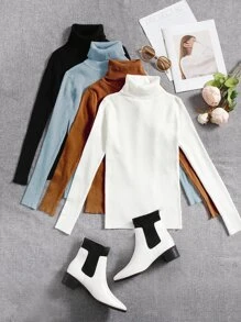 SHEIN LUNE 4pcs Solid Turtleneck Ribbed Knit Jumper