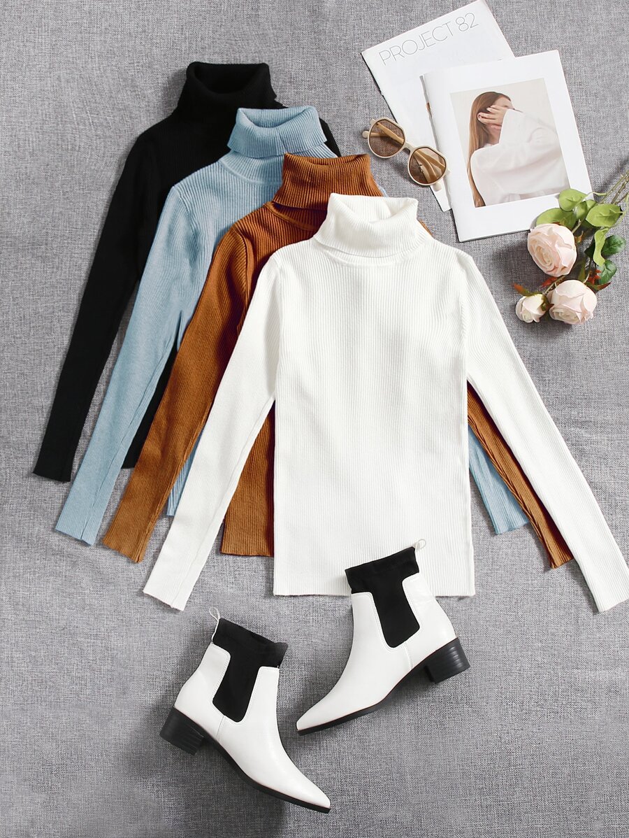 SHEIN LUNE 4pcs Solid Turtleneck Ribbed Knit Jumper