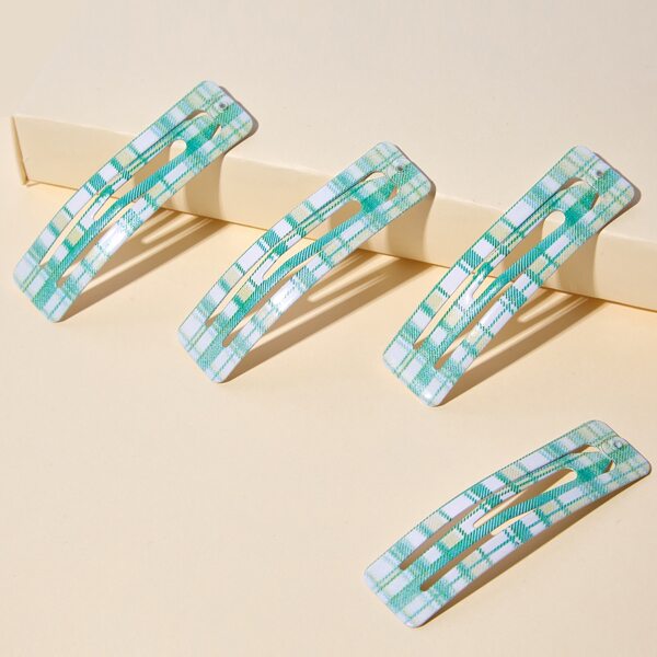

4pcs Plaid Geometric Hair Clip, Green