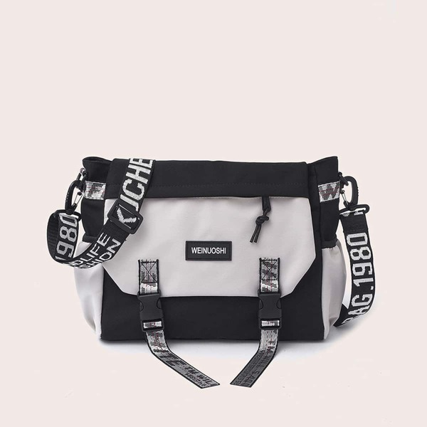 

Colorblock Letter Patch Casual Crossbody Bag, Black and white