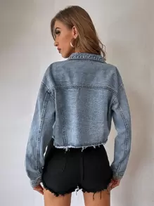 SHEIN Essnce Drop Shoulder Rhinestone Fringe Trim Raw Cut Crop Denim Jacket - Medium Wash - View 2
