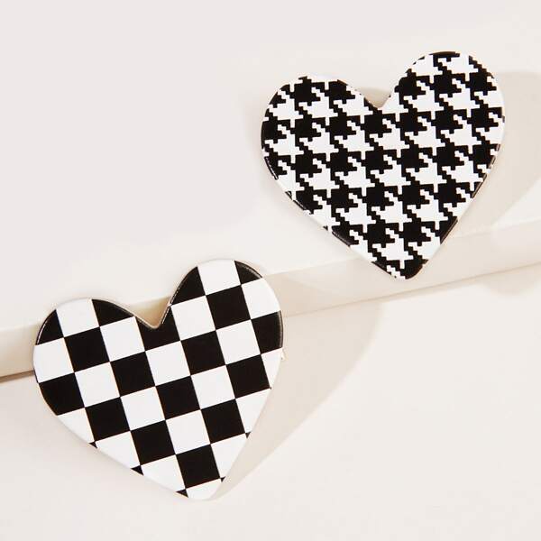 

2pcs Plaid Heart Decor Hair Clip, Black and white