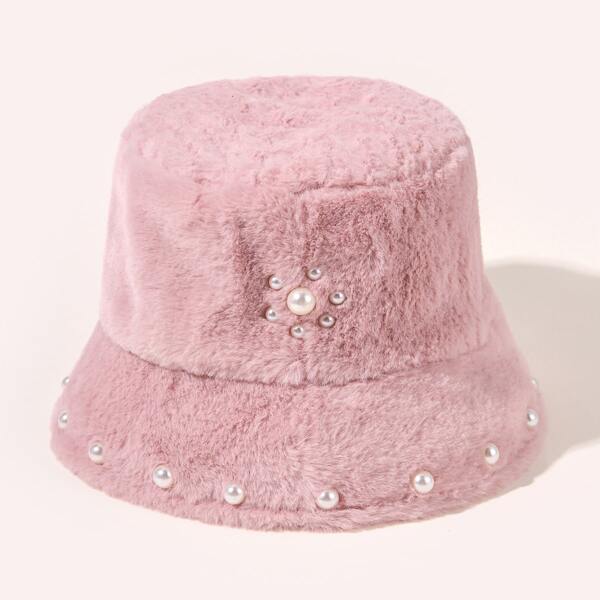 

Fuzzy Faux Pearl Decor Bucket Hat, Pink