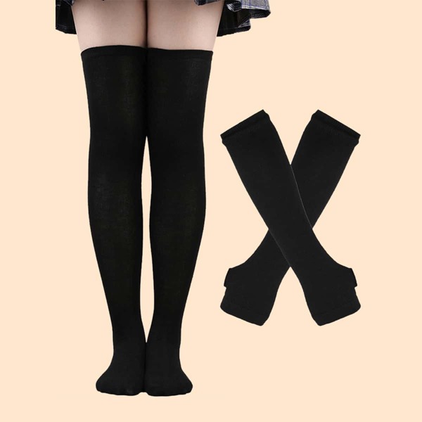

Solid Fingerless Gloves & Over The Knee Socks, Black