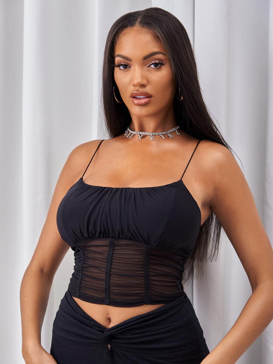 SHEIN Ruched Sheer Mesh Cami Top - Black - View 1
