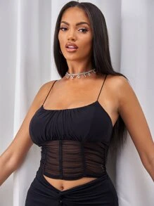SHEIN Ruched Sheer Mesh Cami Top - Black - View 4