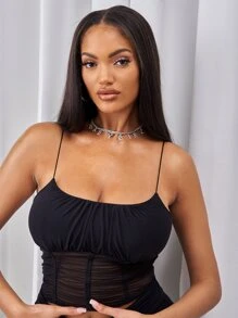 SHEIN Ruched Sheer Mesh Cami Top - Black - View 5