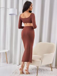 SHEIN SXY 鏤空金屬圓環深V領緊身洋裝 - 紅木色 - 查看 2