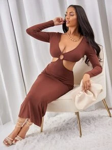 SHEIN SXY 鏤空金屬圓環深V領緊身洋裝 - 紅木色 - 查看 3