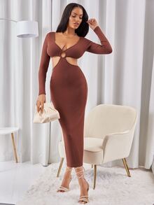 SHEIN SXY 鏤空金屬圓環深V領緊身洋裝 - 紅木色 - 查看 4