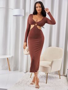 SHEIN SXY 鏤空金屬圓環深V領緊身洋裝 - 紅木色 - 查看 5