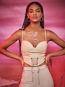 SHEIN Unity Áo hai dây Bất đối xứng Ren lên Dây kéo màu trơn Gợi cảm - Màu be - Xem 1