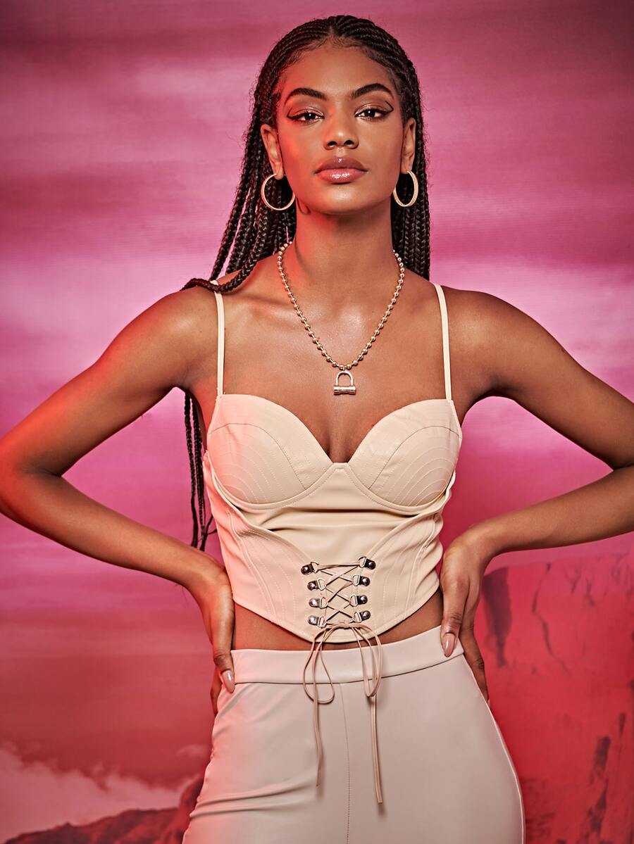 SHEIN Unity Áo hai dây Bất đối xứng Ren lên Dây kéo màu trơn Gợi cảm - Màu be - Xem 1