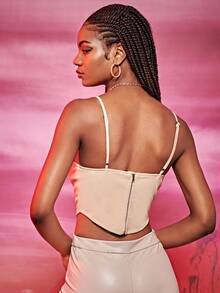 SHEIN Unity Áo hai dây Bất đối xứng Ren lên Dây kéo màu trơn Gợi cảm - Màu be - Xem 2