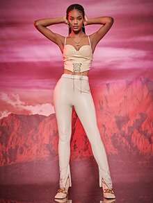 SHEIN Unity Áo hai dây Bất đối xứng Ren lên Dây kéo màu trơn Gợi cảm - Màu be - Xem 4