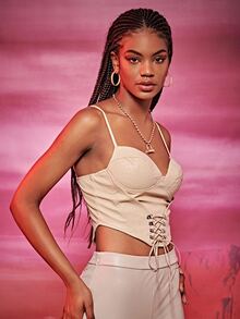 SHEIN Unity Áo hai dây Bất đối xứng Ren lên Dây kéo màu trơn Gợi cảm - Màu be - Xem 5